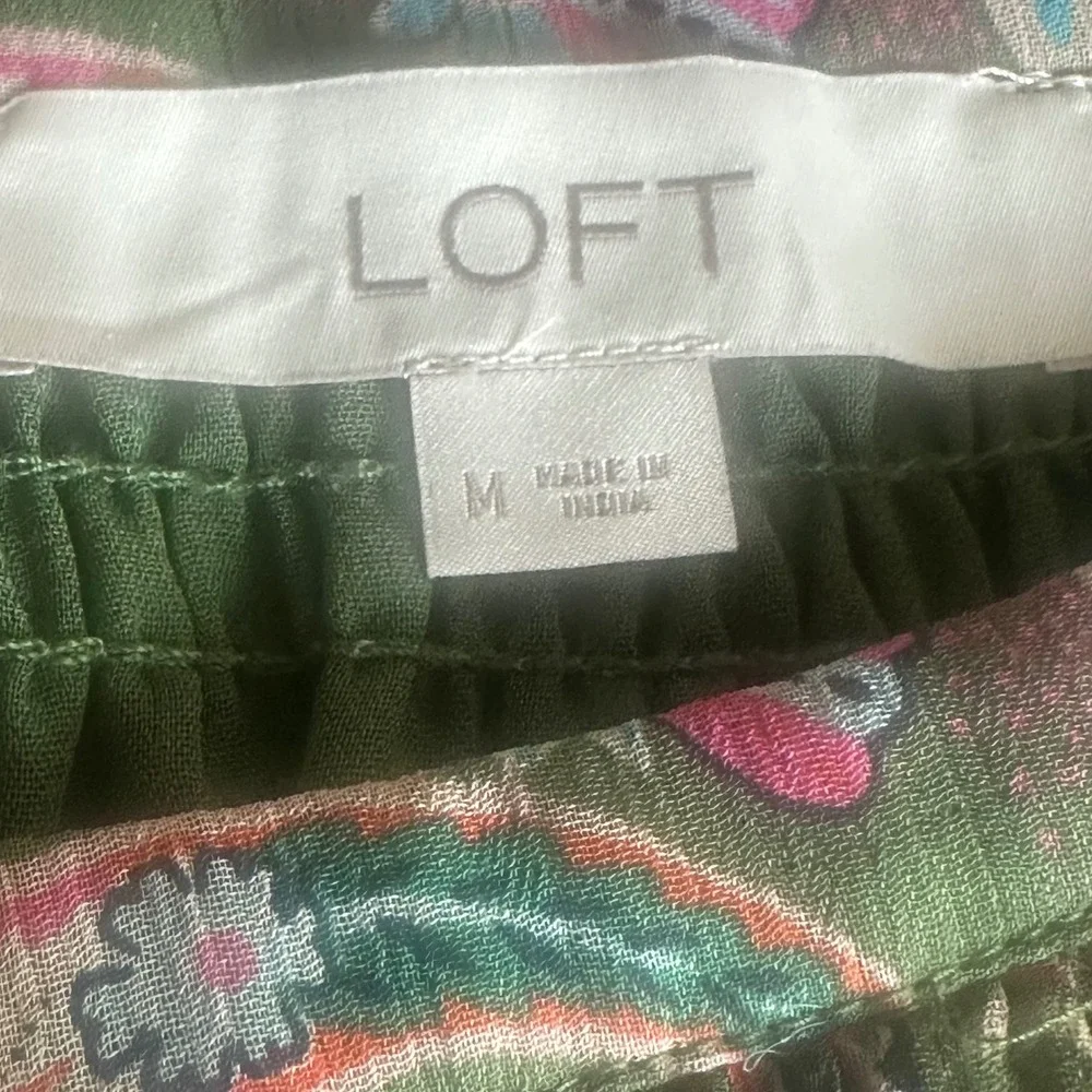 LOFT‎ Green Paisley Boho Smocked Neck Puff Sleeve Blouse Floral Top Women Size L